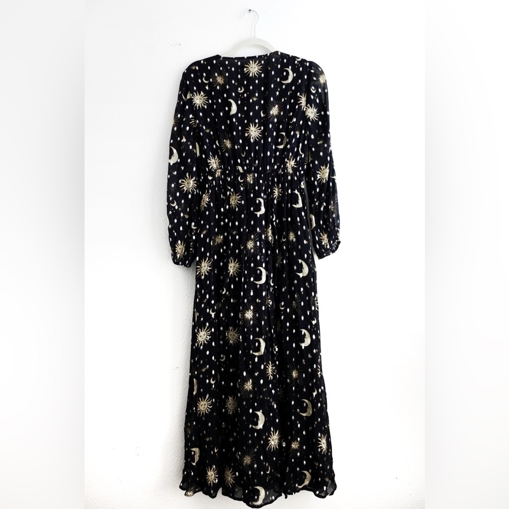 J. Crew Black and Gold Long Sleeve Celestial Moon and Stars Maxi Dress Small - Picture 3 of 10